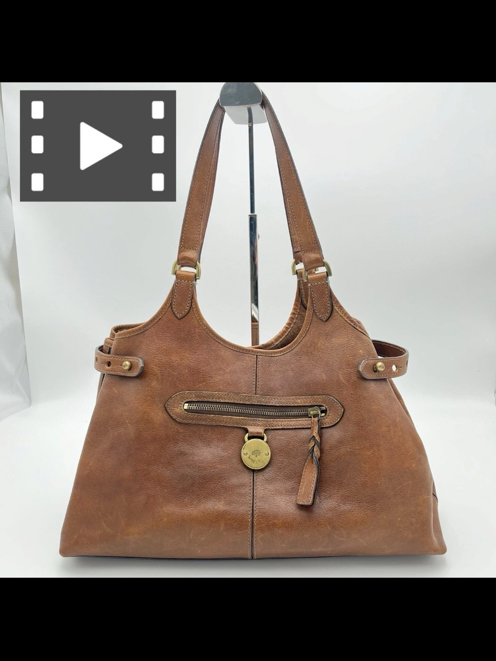 Mulberry Tan Brown Leather Shoulder Bag with Front Zip and Brass Charm